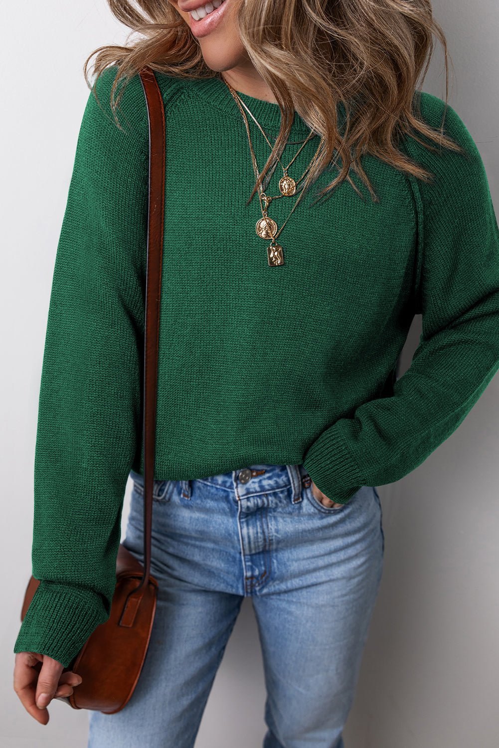Evergreen Plain Raglan Sleeve Crew Neck Sweater - MAD RUFFI