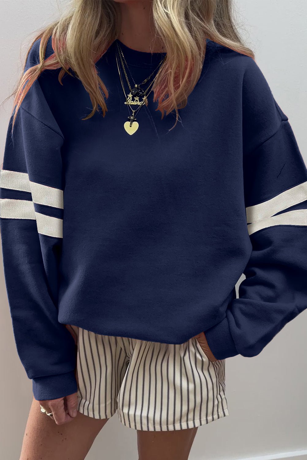 Evergreen Preppy Striped Sleeve Loose Sweatshirt - MAD RUFFI