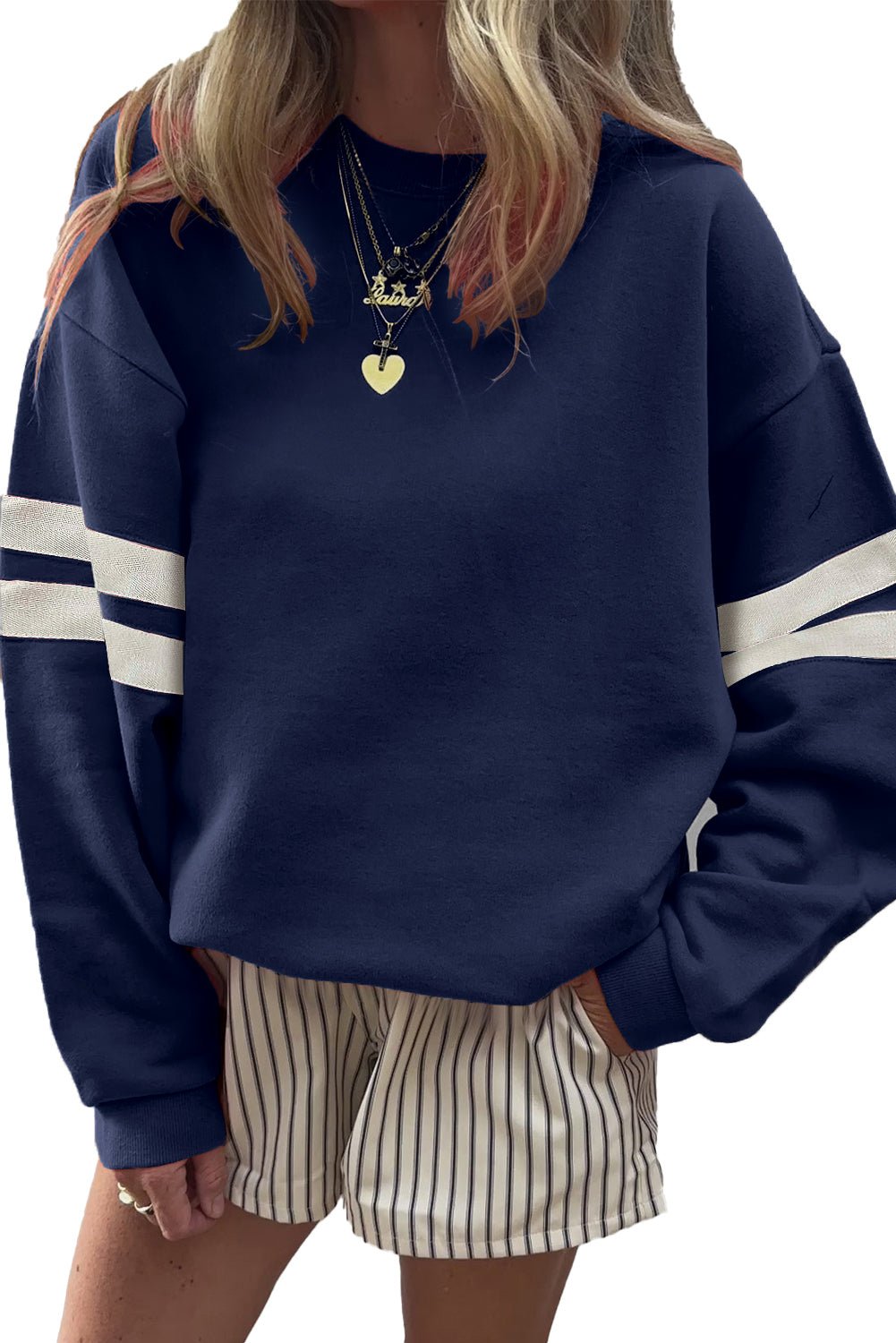 Evergreen Preppy Striped Sleeve Loose Sweatshirt - MAD RUFFI