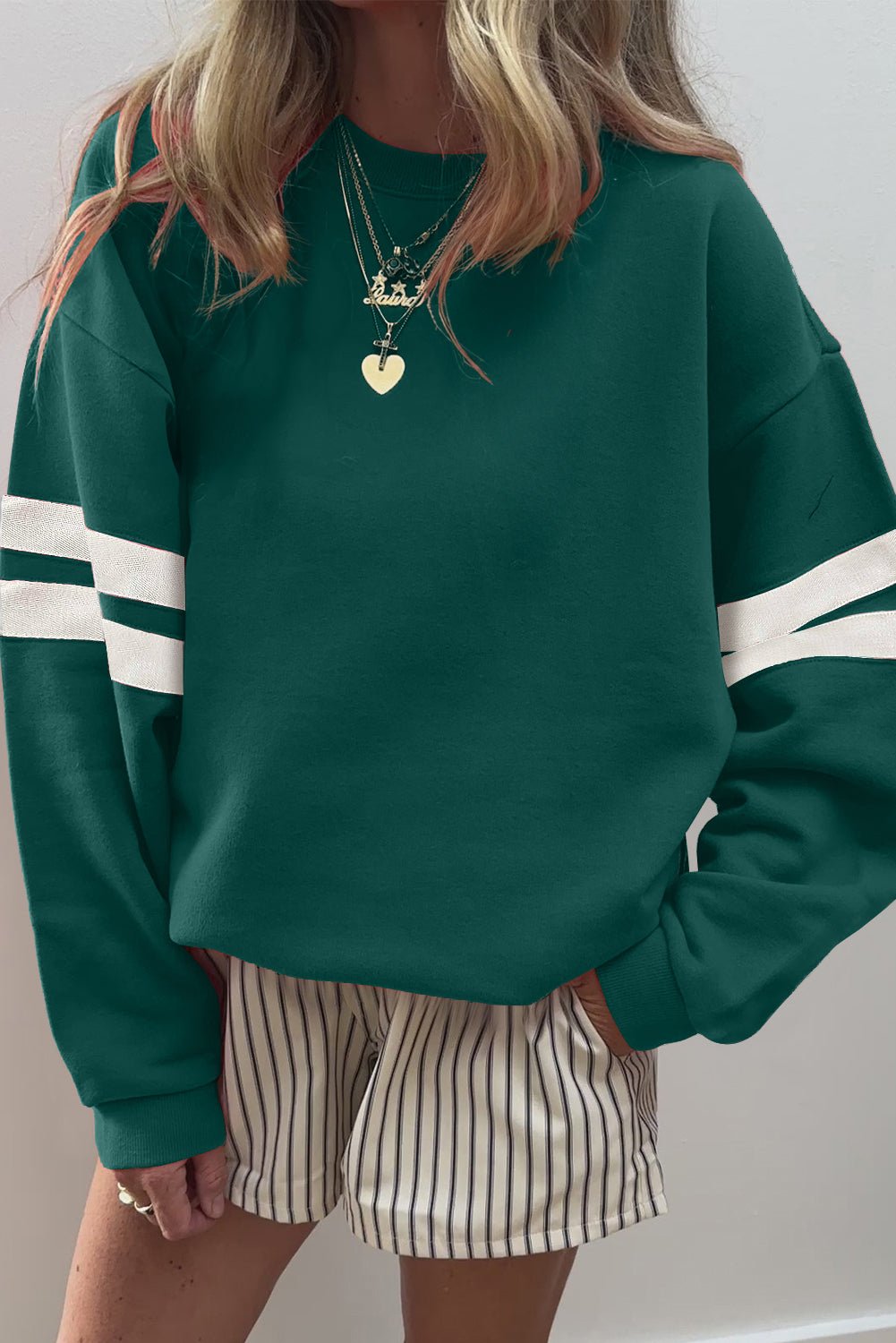 Evergreen Preppy Striped Sleeve Loose Sweatshirt - MAD RUFFI