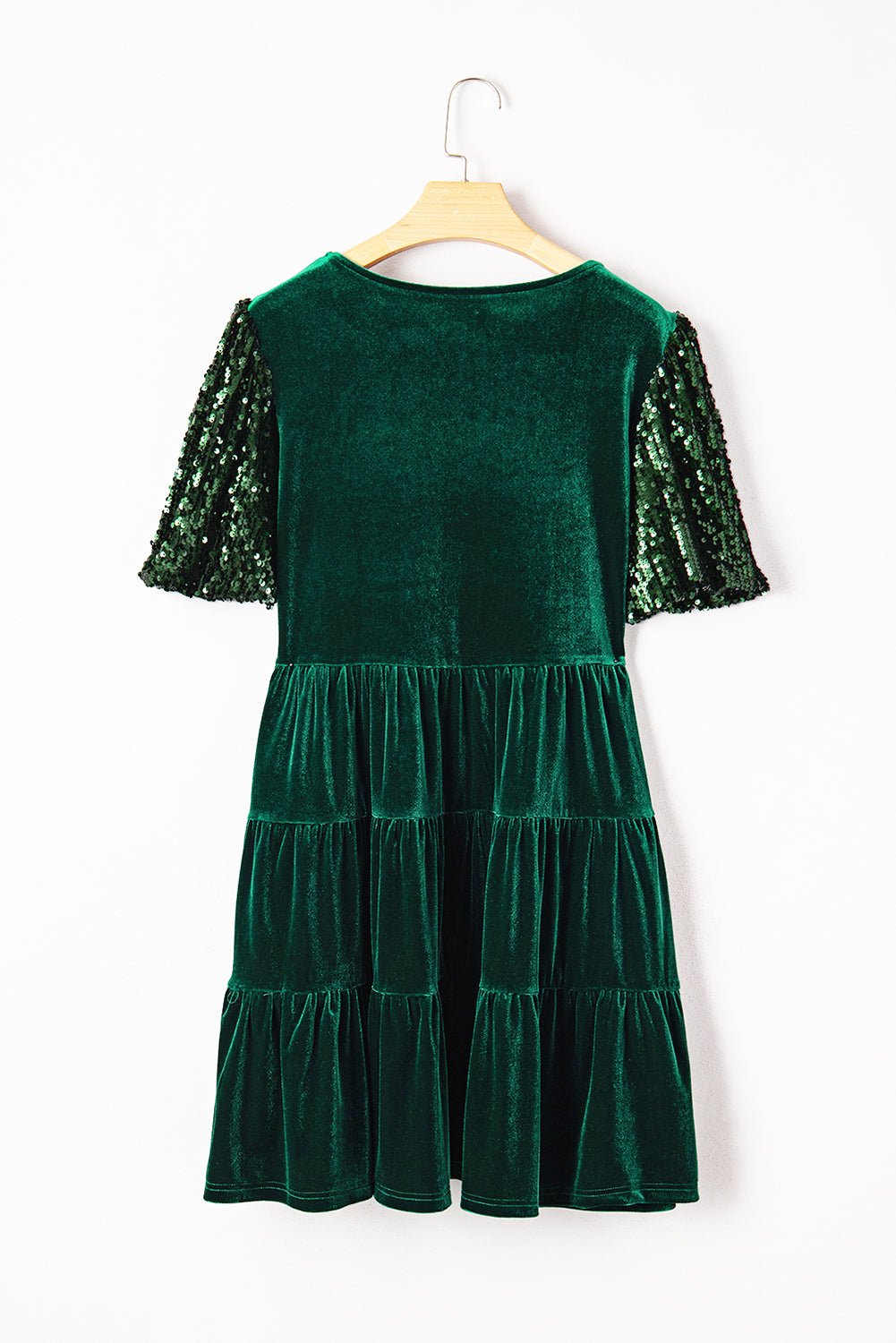 Evergreen Sequin Puff Sleeve High Waist Tiered Velvet Mini Dress - MAD RUFFI
