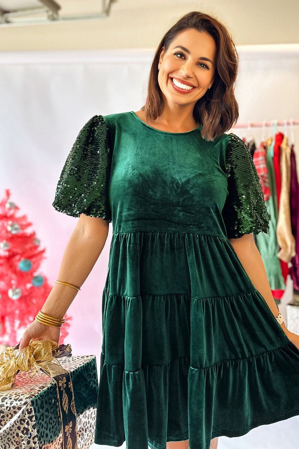 Evergreen Sequin Puff Sleeve High Waist Tiered Velvet Mini Dress - MAD RUFFI