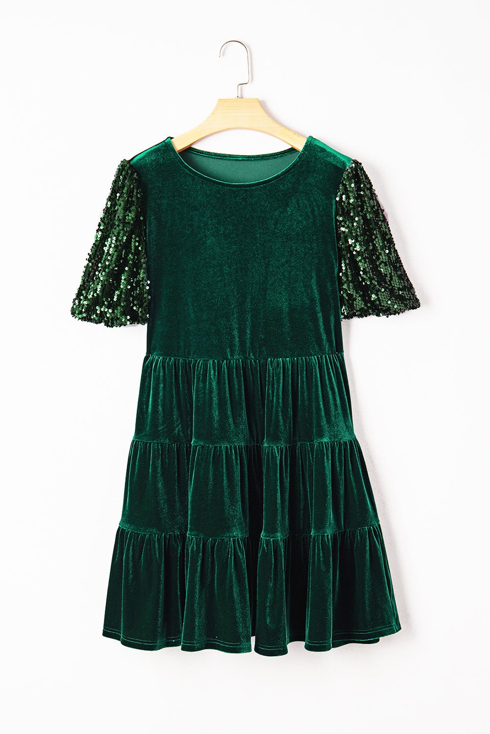 Evergreen Sequin Puff Sleeve High Waist Tiered Velvet Mini Dress - MAD RUFFI