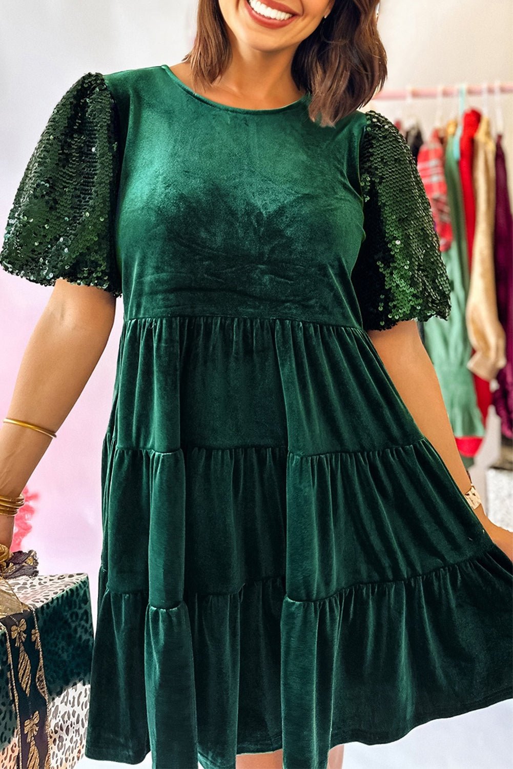 Evergreen Sequin Puff Sleeve High Waist Tiered Velvet Mini Dress - MAD RUFFI