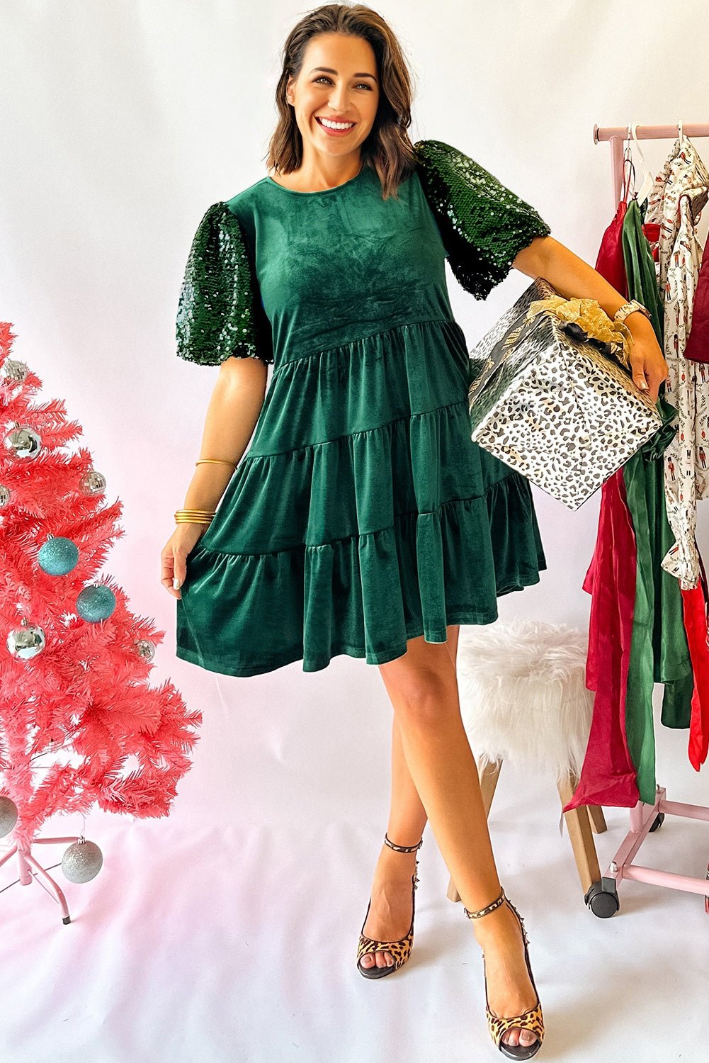 Evergreen Sequin Puff Sleeve High Waist Tiered Velvet Mini Dress - MAD RUFFI