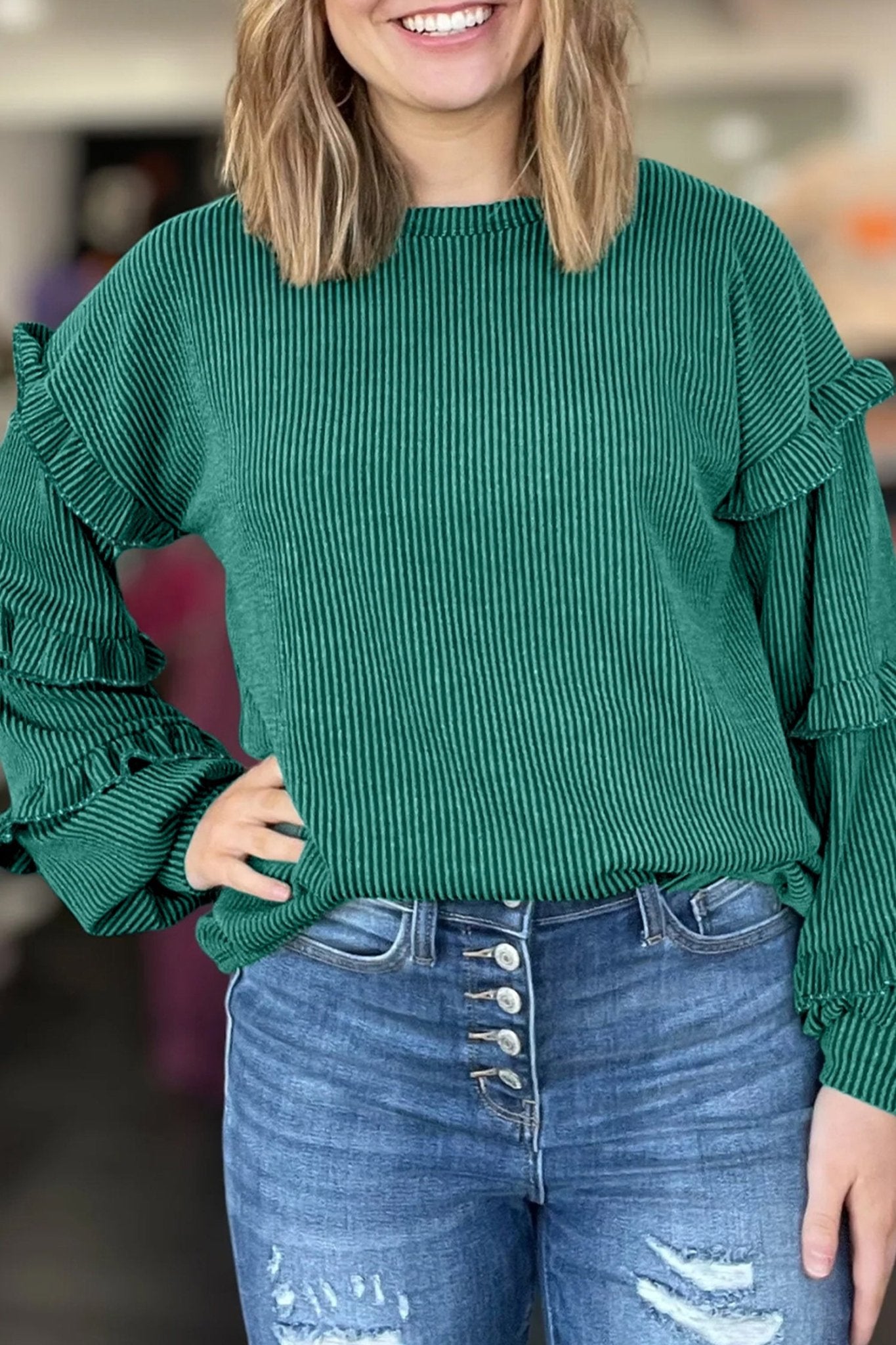 Evergreen Twisted Ribbed Tiered Ruffles Long Sleeve Pullover Top - MAD RUFFI