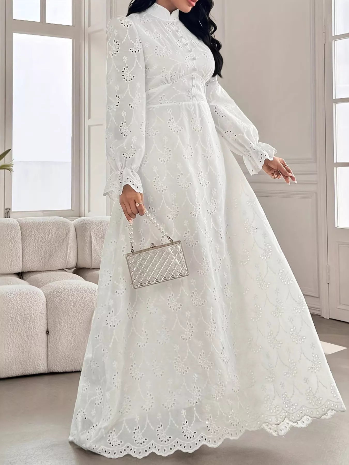 Eyelet Flounce Sleeve Maxi Dress - MAD RUFFI