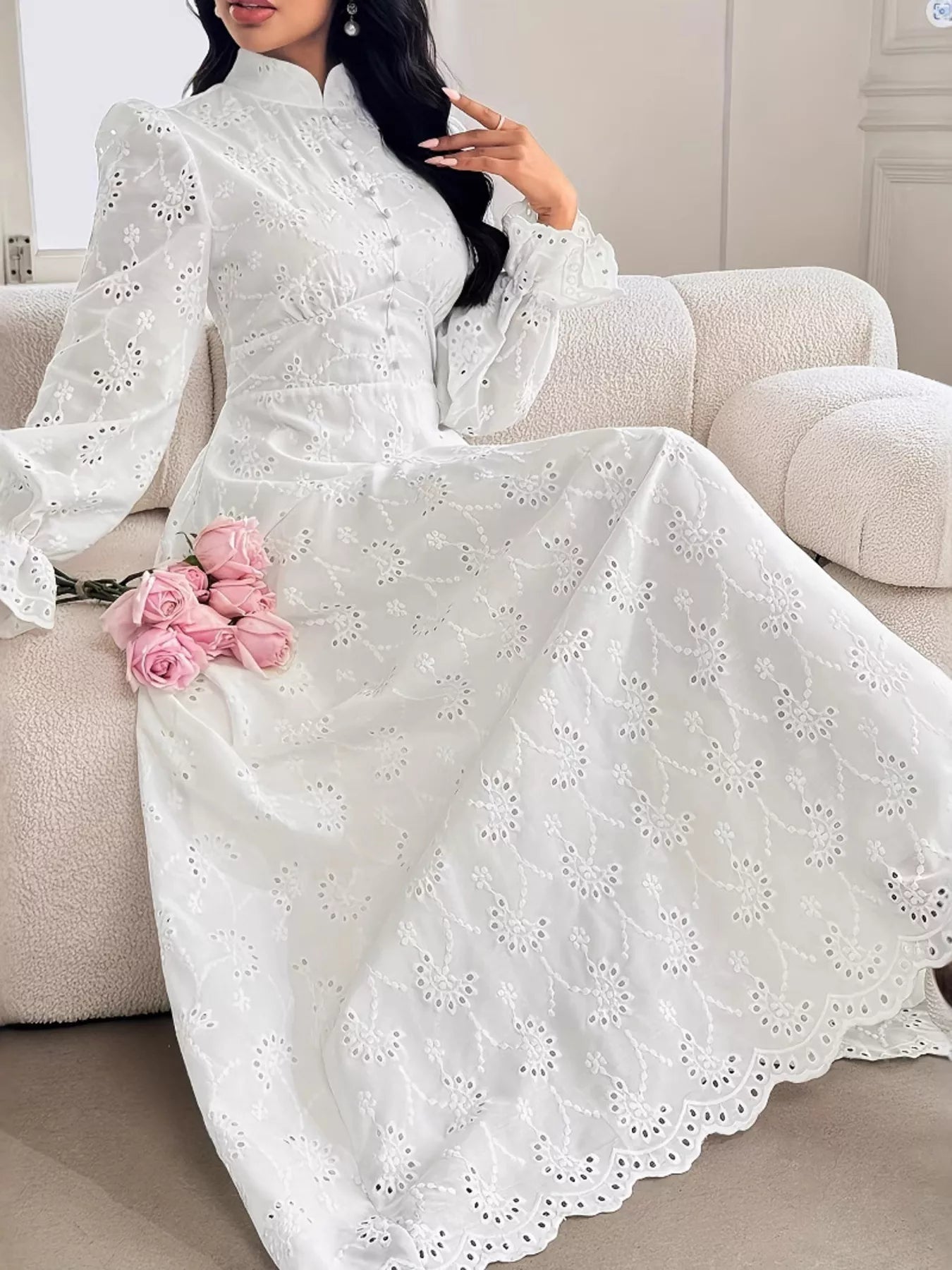 Eyelet Flounce Sleeve Maxi Dress - MAD RUFFI