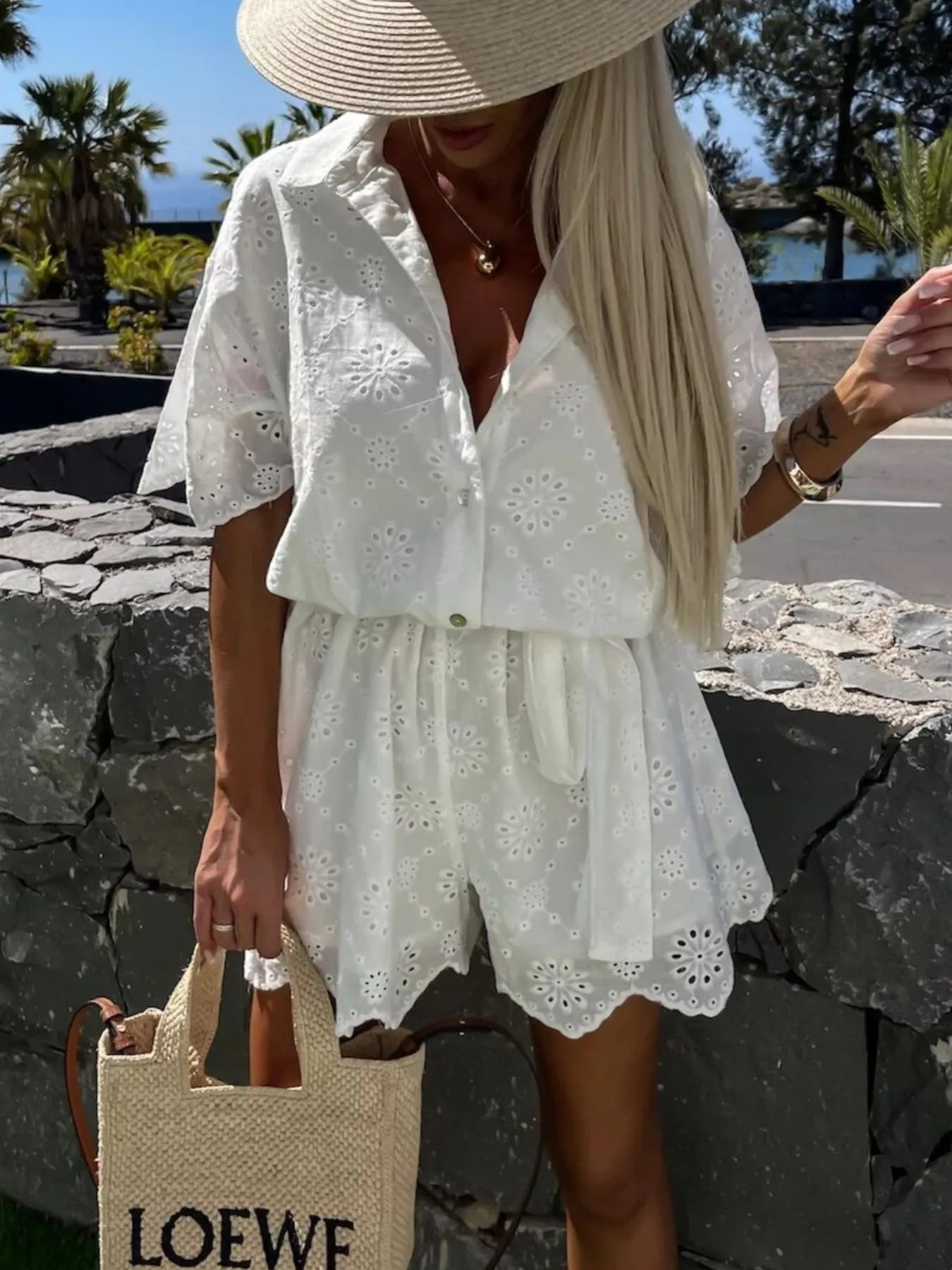 Eyelet Lace Button - Up Romper - MAD RUFFI