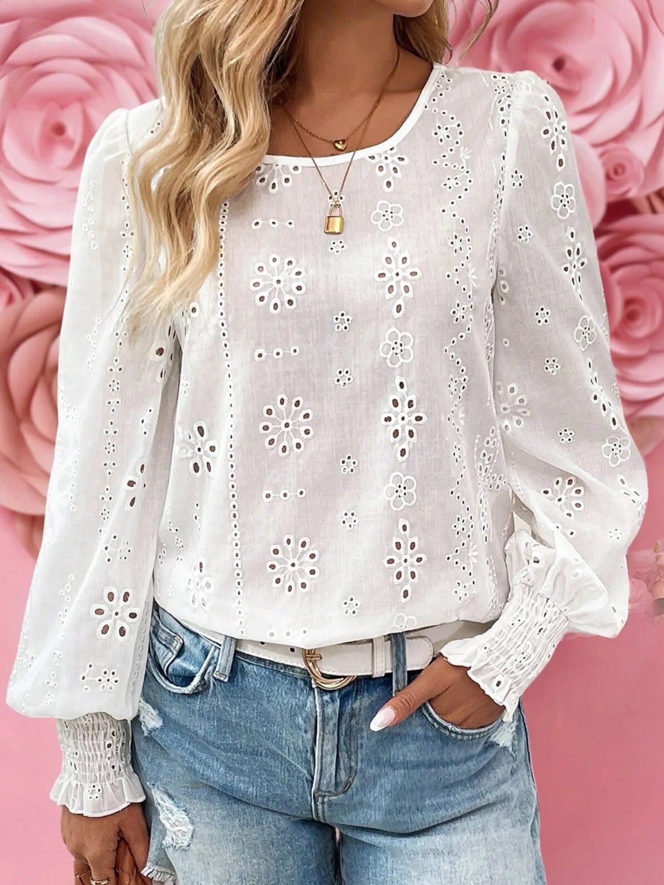 Eyelet Long Sleeve Blouse with Elastic Cuffs - MAD RUFFI