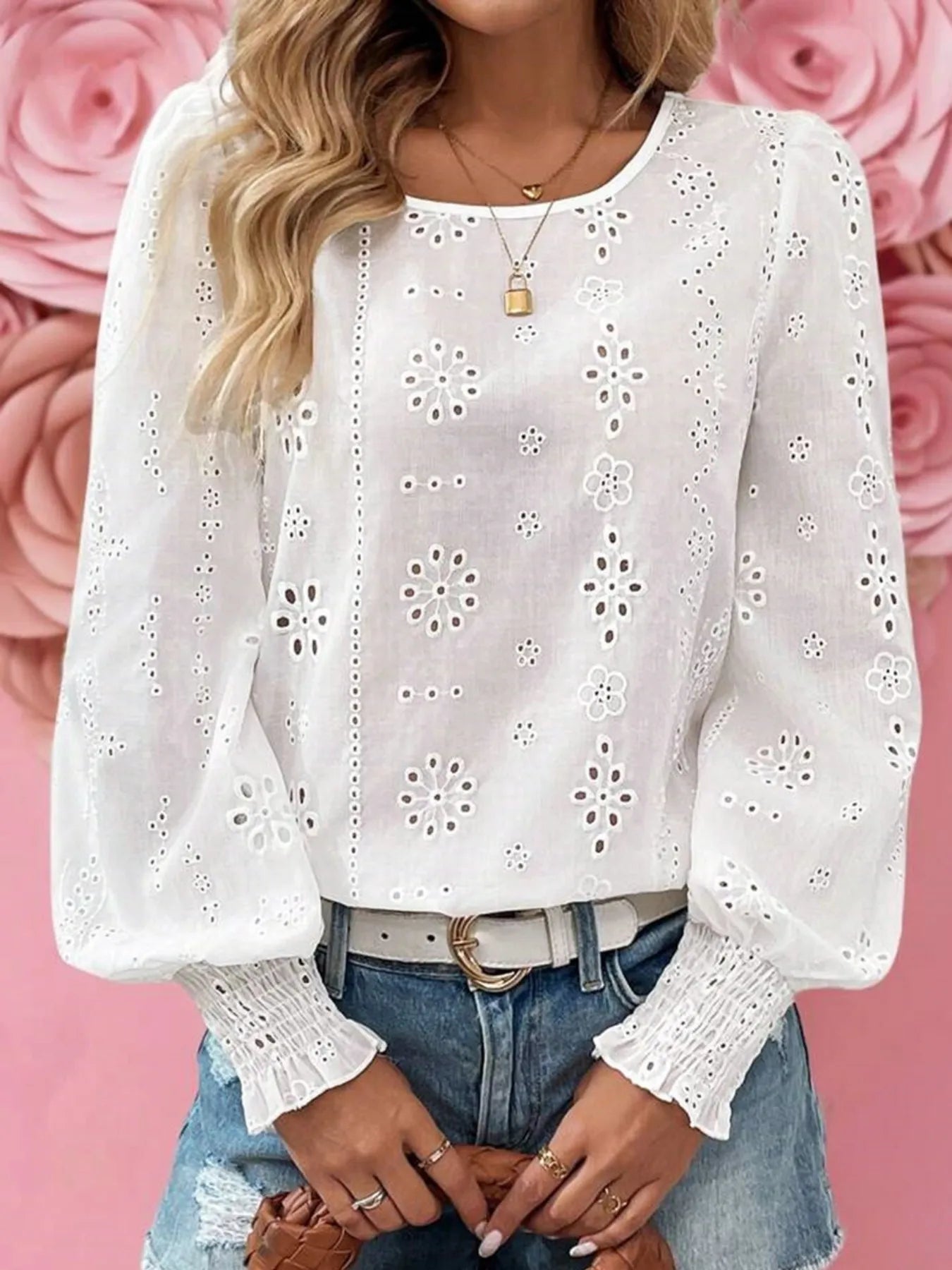 Eyelet Long Sleeve Blouse with Elastic Cuffs - MAD RUFFI