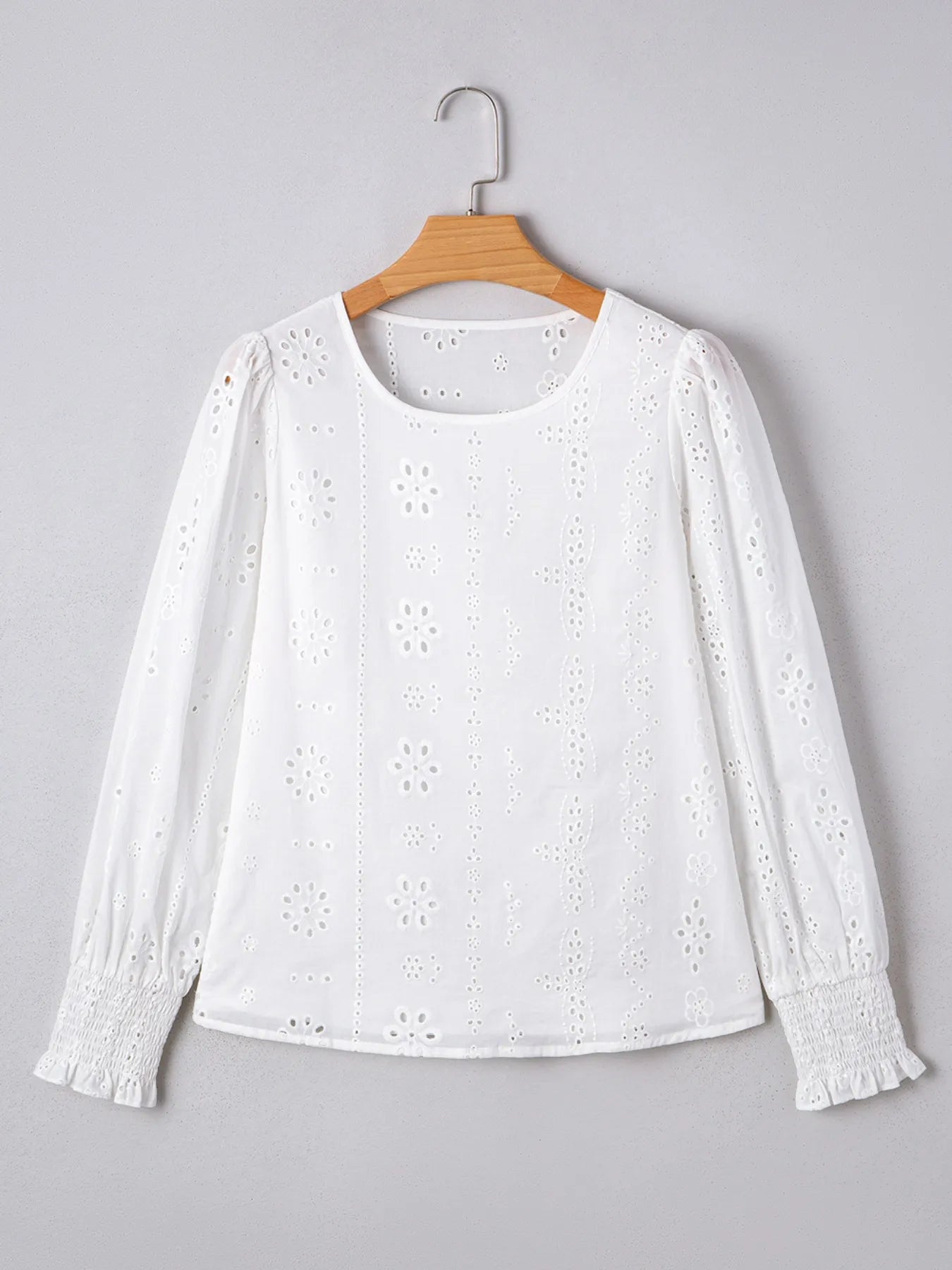 Eyelet Long Sleeve Blouse with Elastic Cuffs - MAD RUFFI