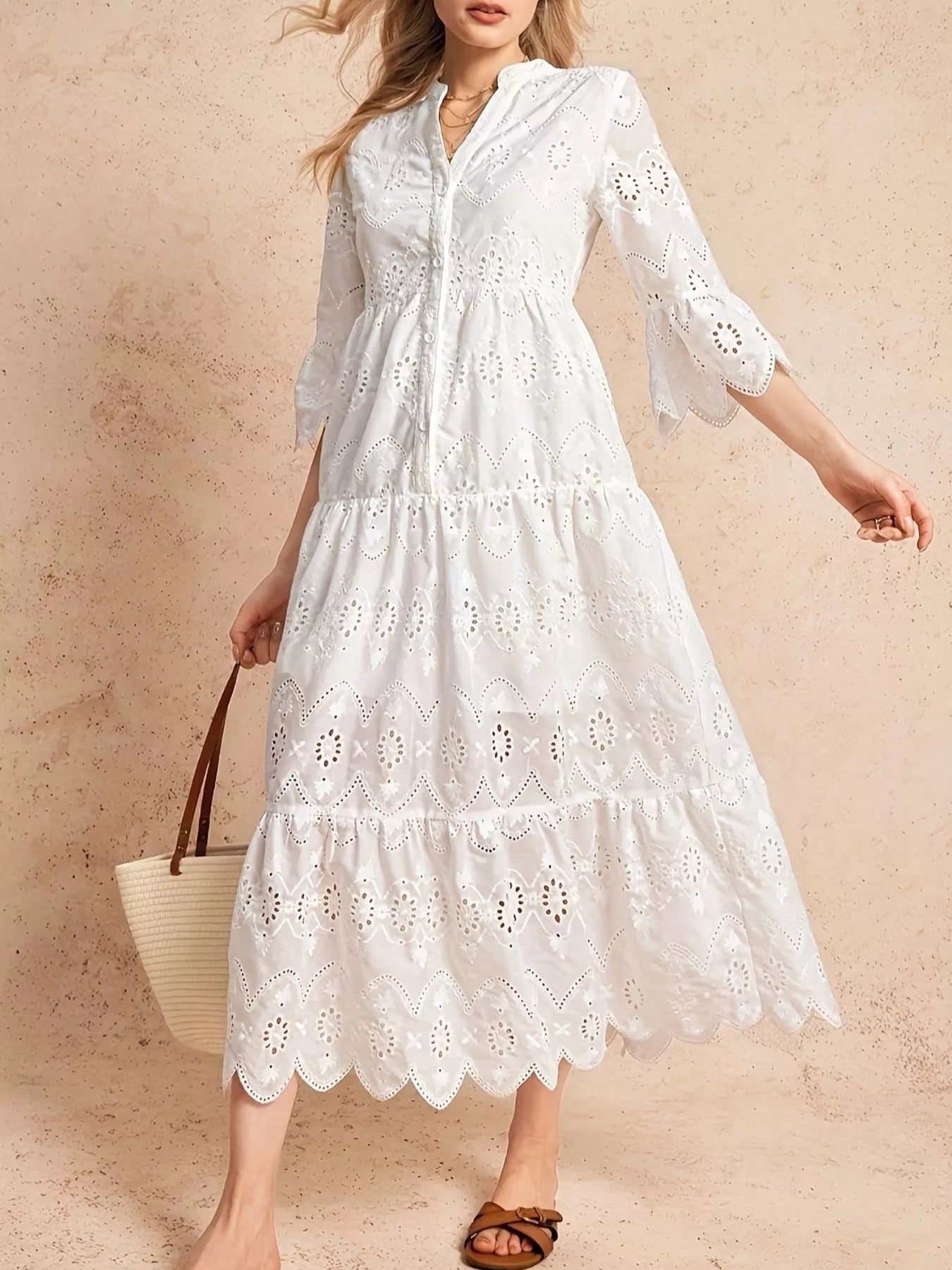Eyelet Notched Tiered Midi Dress - MAD RUFFI