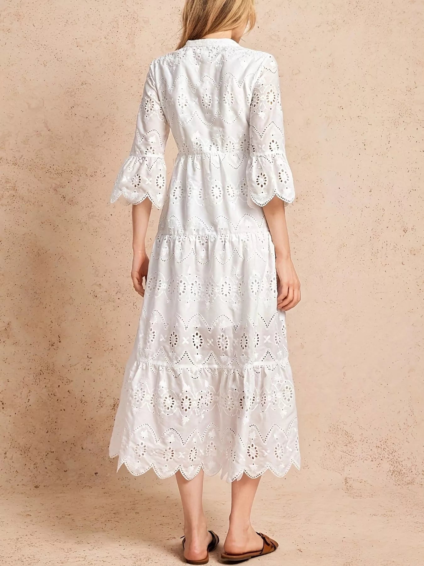 Eyelet Notched Tiered Midi Dress - MAD RUFFI