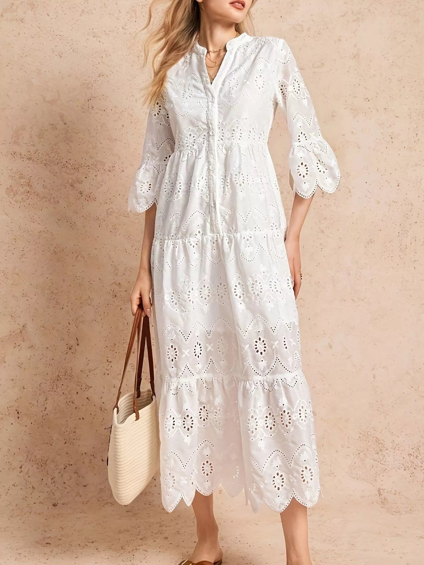 Eyelet Notched Tiered Midi Dress - MAD RUFFI