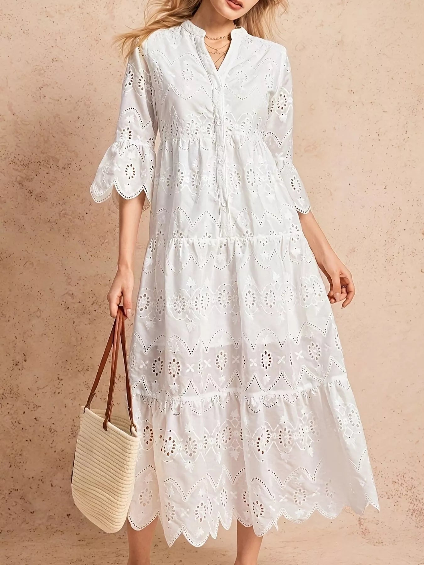 Eyelet Notched Tiered Midi Dress - MAD RUFFI