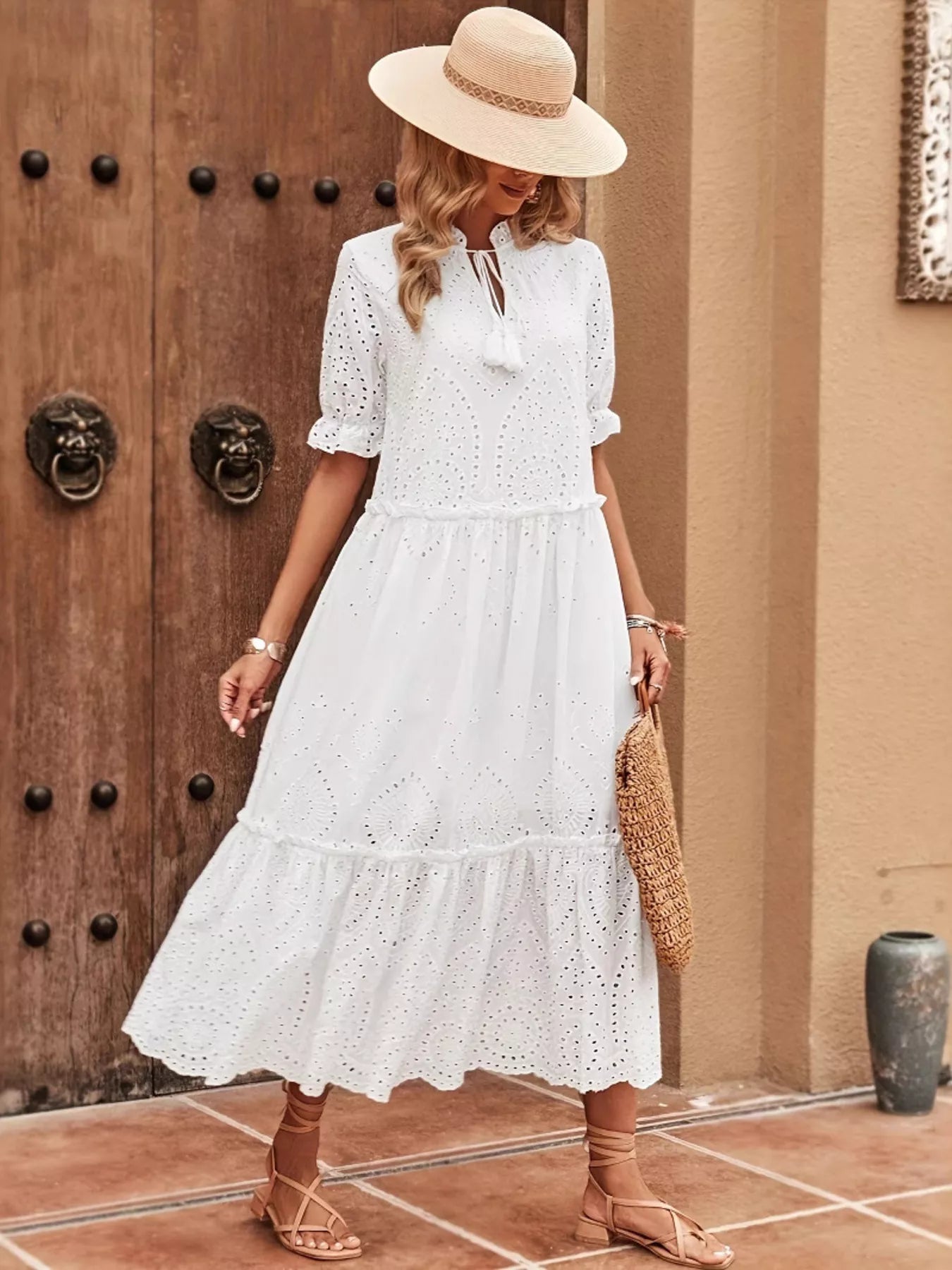 Eyelet Tie Neck Half Sleeve Midi Dress - MAD RUFFI