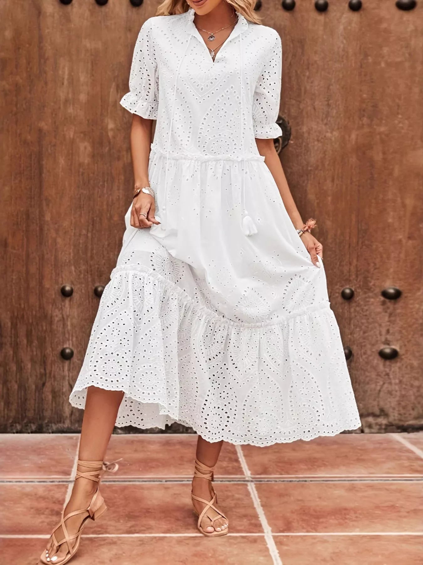 Eyelet Tie Neck Half Sleeve Midi Dress - MAD RUFFI