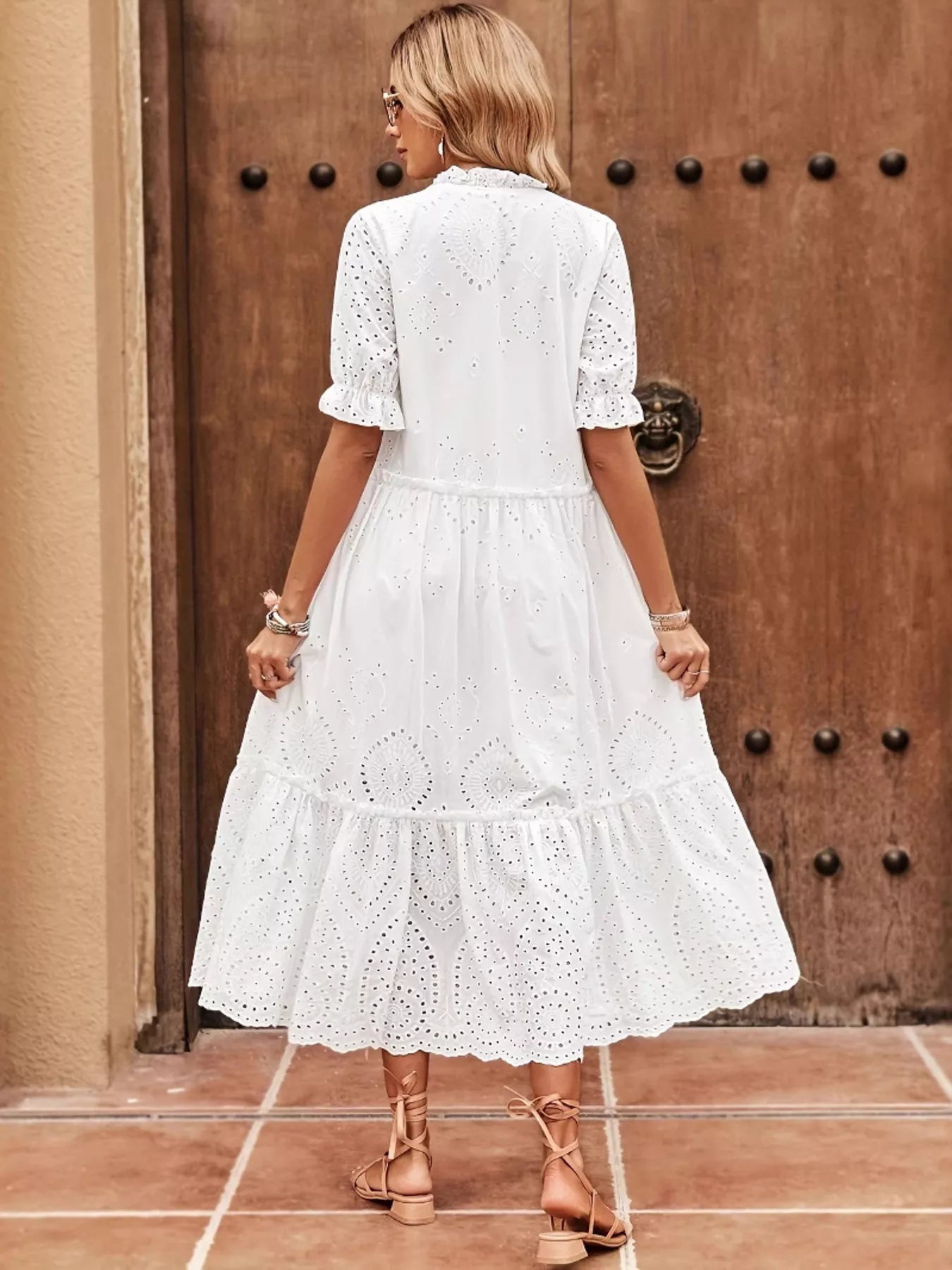 Eyelet Tie Neck Half Sleeve Midi Dress - MAD RUFFI
