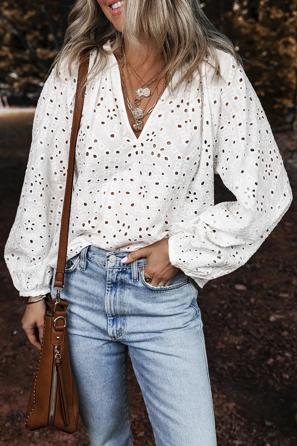 Eyelet V - Neck Long Sleeve Blouse - MAD RUFFI