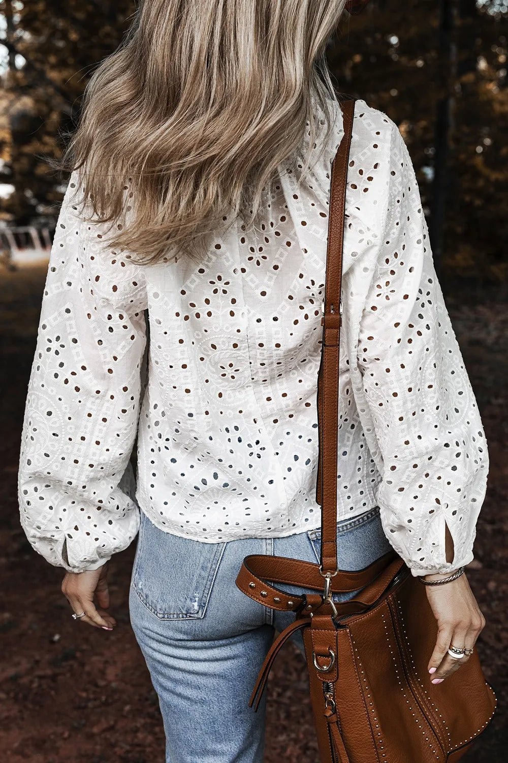 Eyelet V - Neck Long Sleeve Blouse - MAD RUFFI