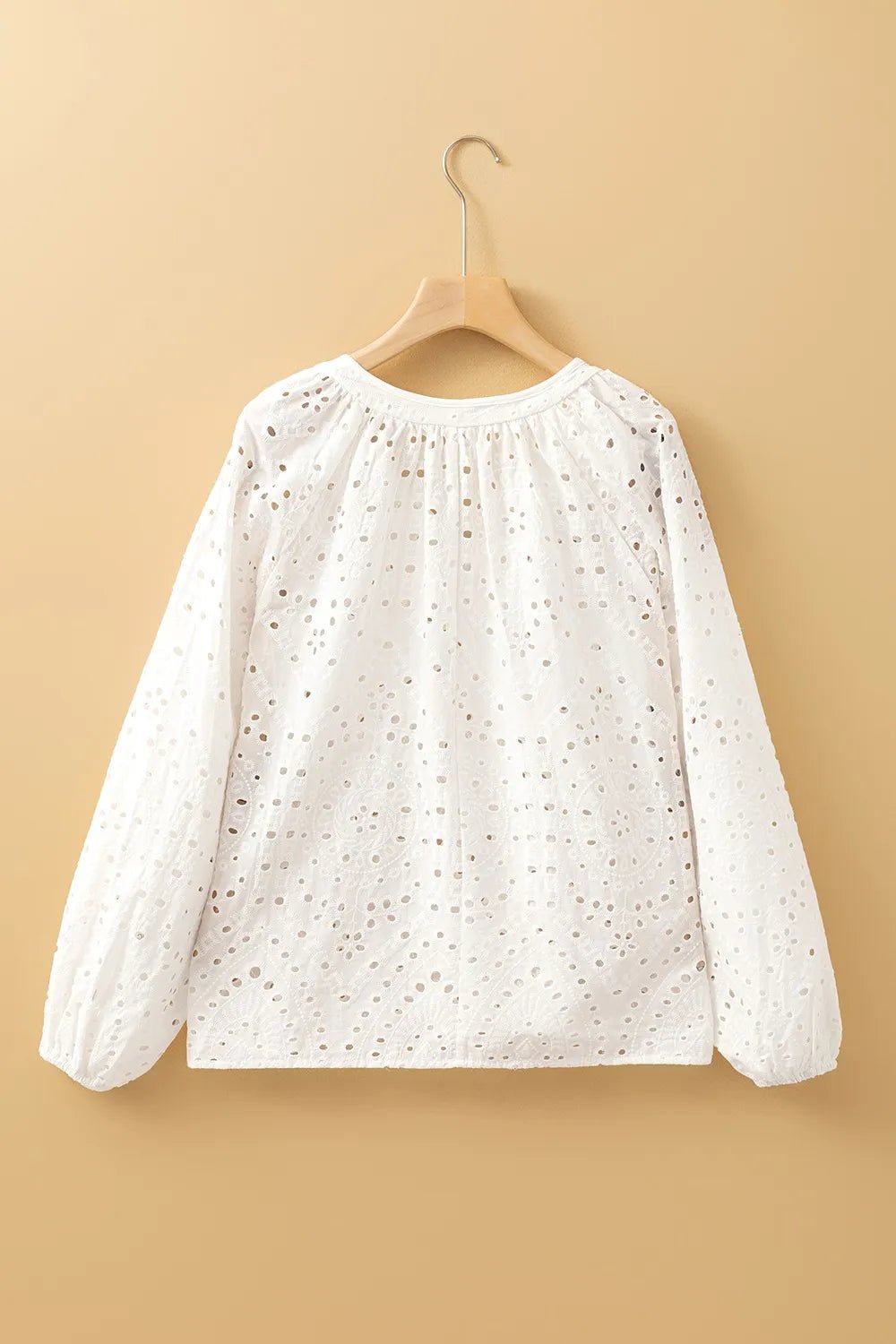 Eyelet V - Neck Long Sleeve Blouse - MAD RUFFI