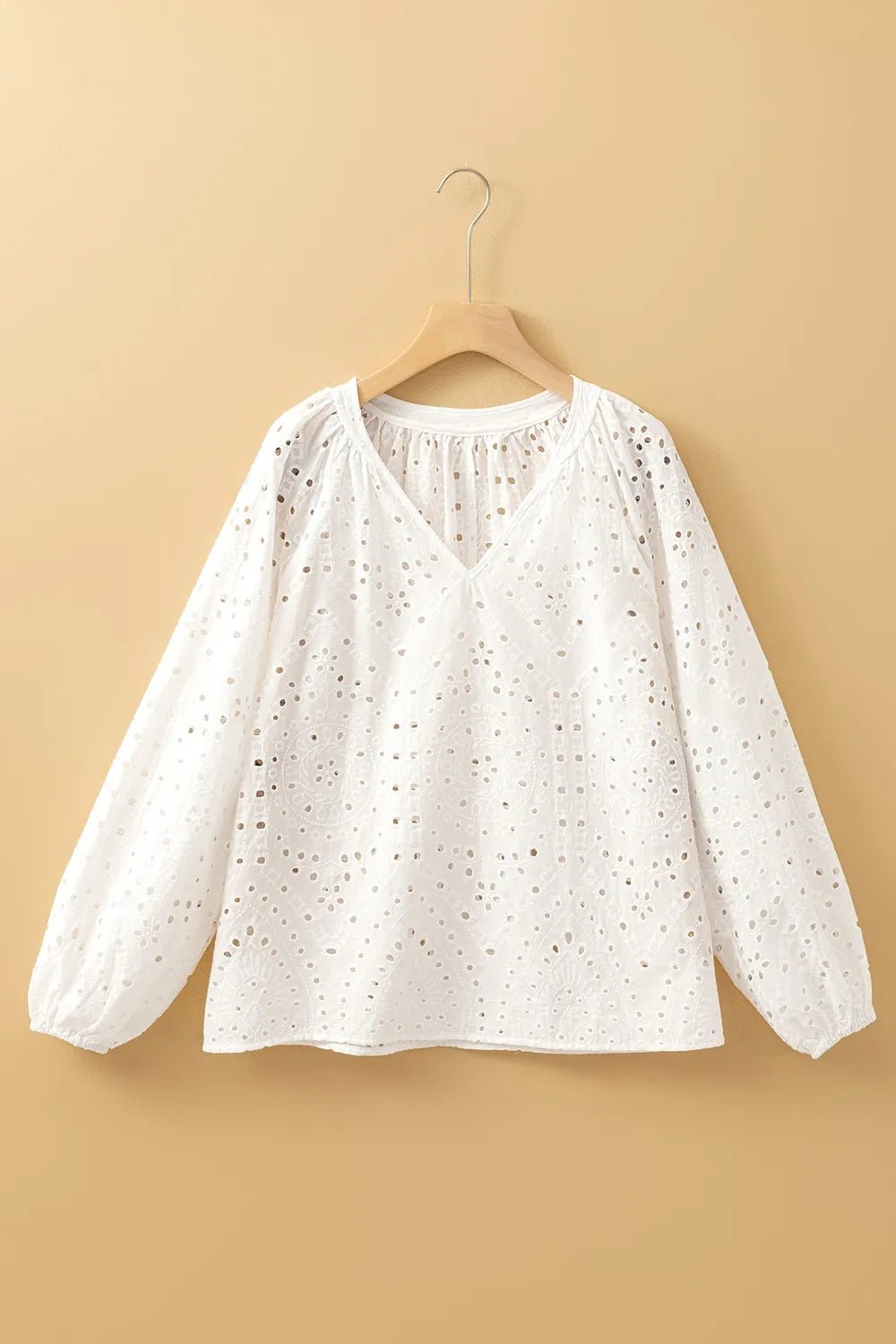 Eyelet V - Neck Long Sleeve Blouse - MAD RUFFI