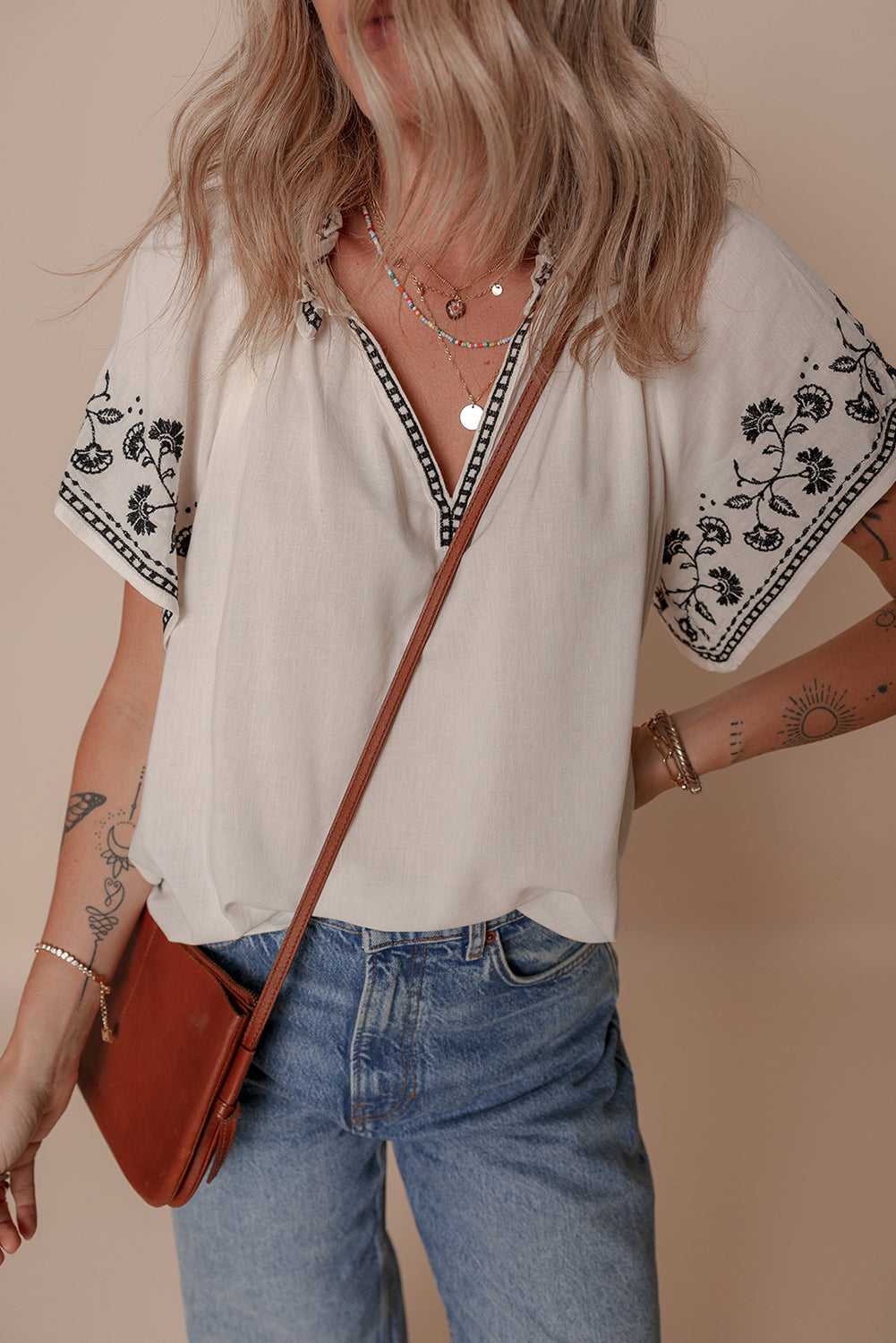 Embroidered White Cotton V Neck Blouse with Short Sleeves