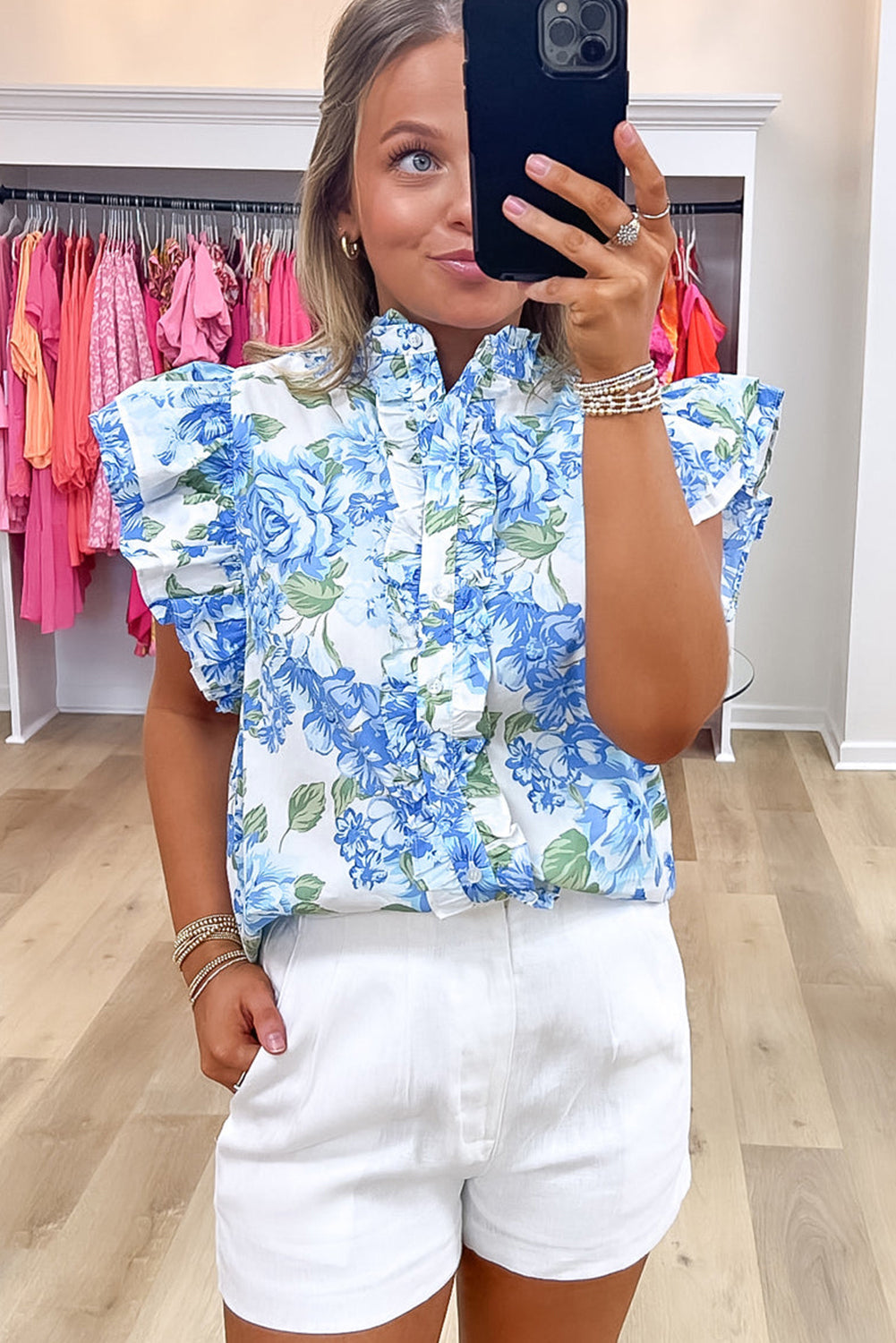 Sky Blue Floral Print Ruffle Sleeve Frill Shirt