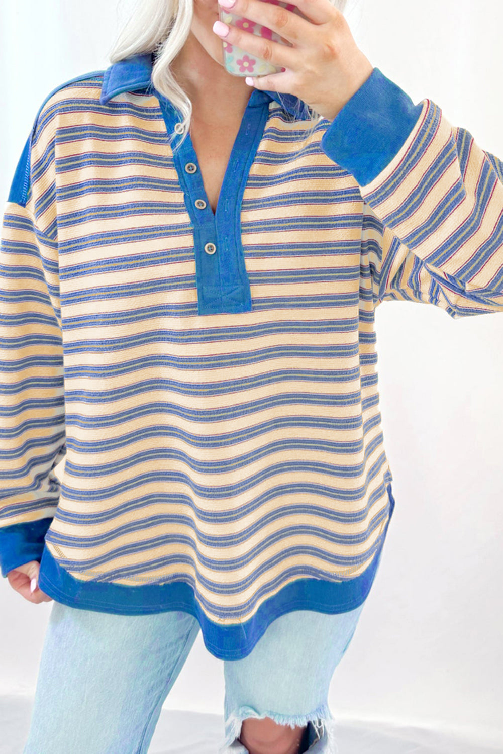 Pink Stripe Collared V Neck Drop Shoulder Top