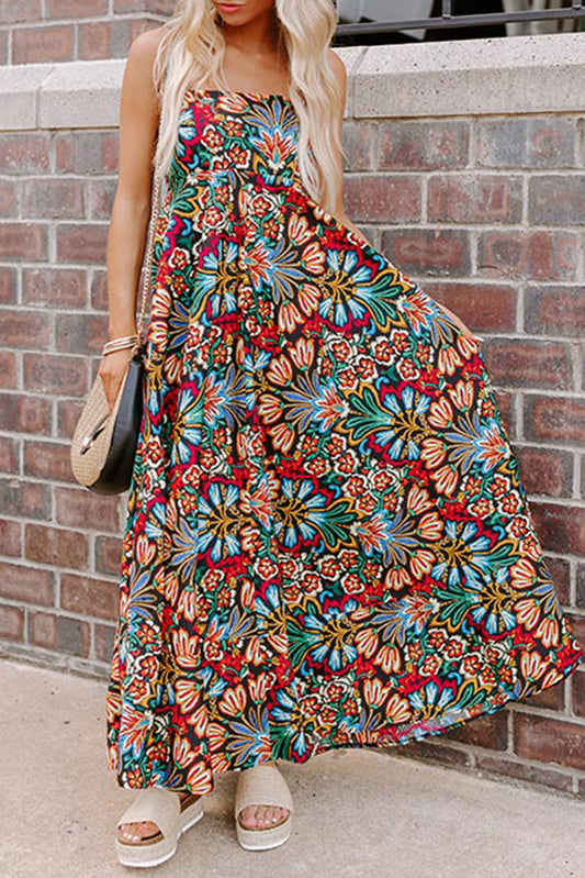 Black Floral Print High Waist Maxi Dress with Thin Straps