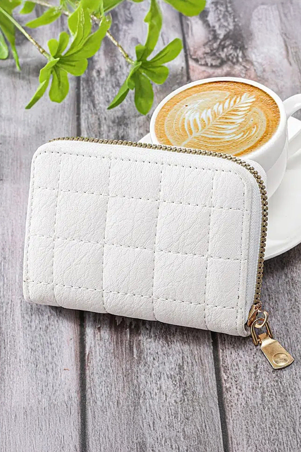 White Quilted Zip Around Card Holder Case