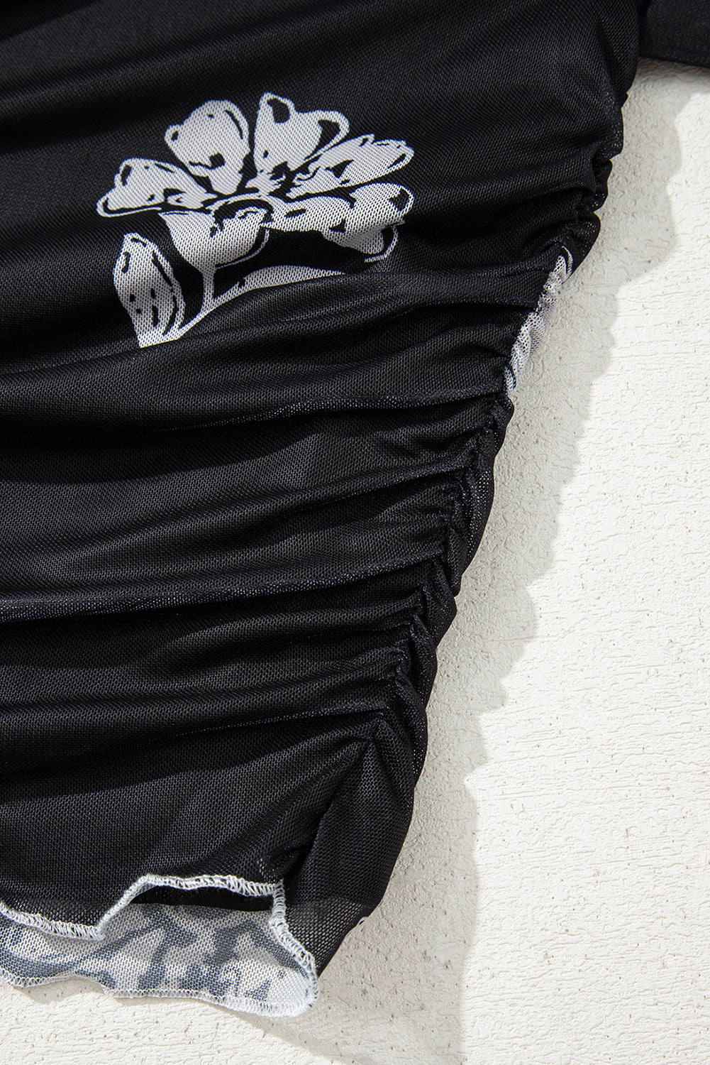 Black Floral Print Sleek Bodice Mesh Long Sleeve Top