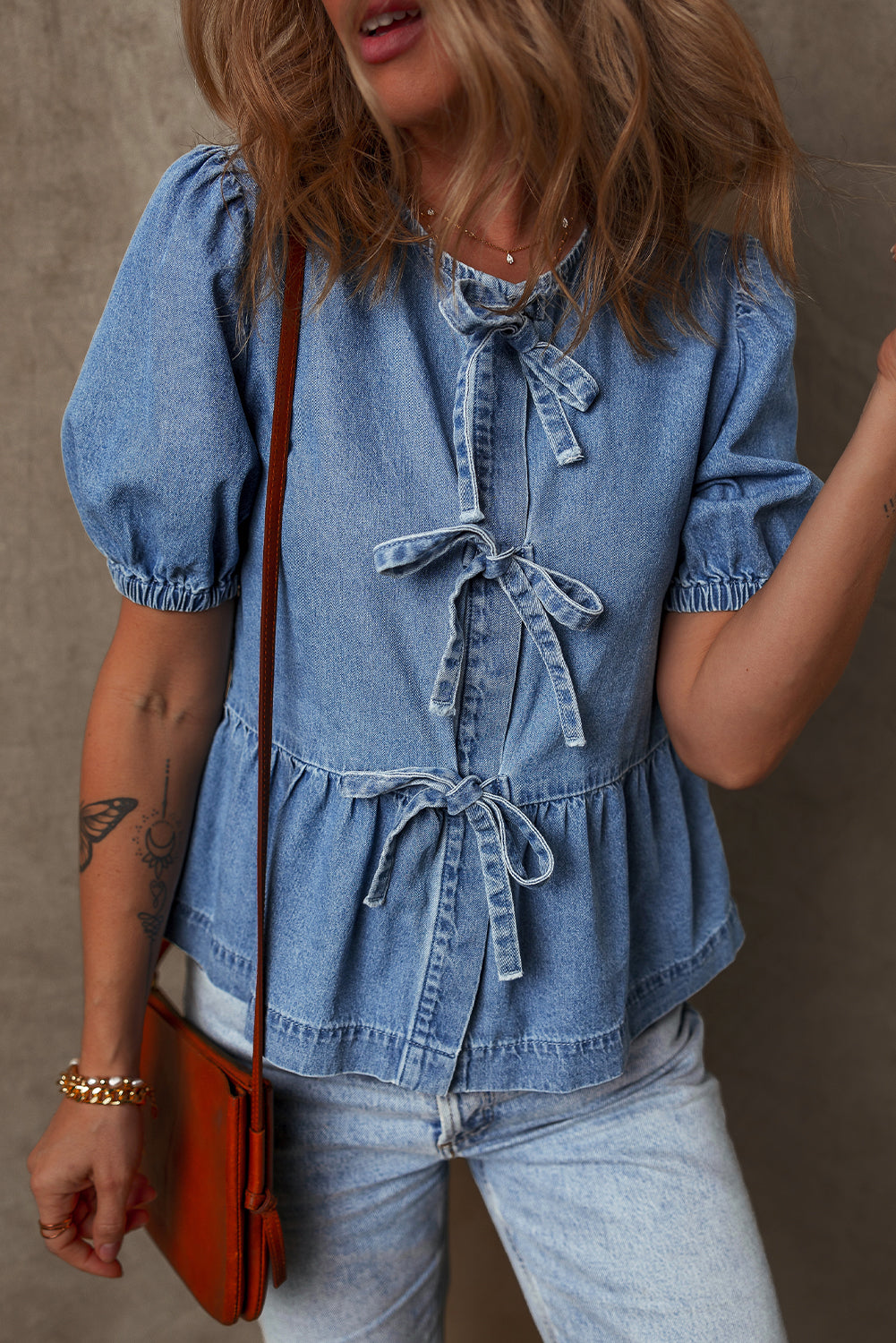 Dusk Blue Bow Tie Front Bubble Sleeve Peplum Denim Shirt