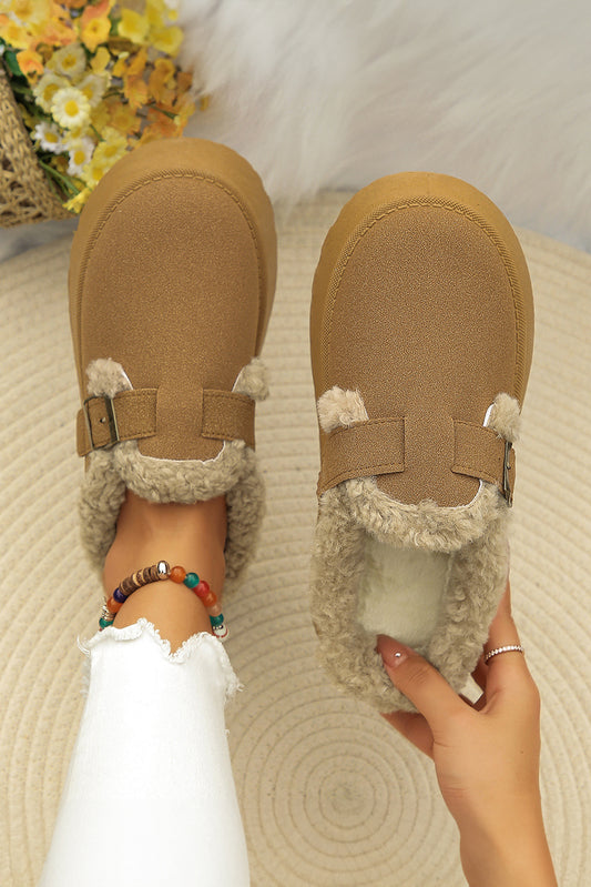 Brown Plush Patched Buckle Decor Thick Sole Thermal Slippers - MAD RUFFI