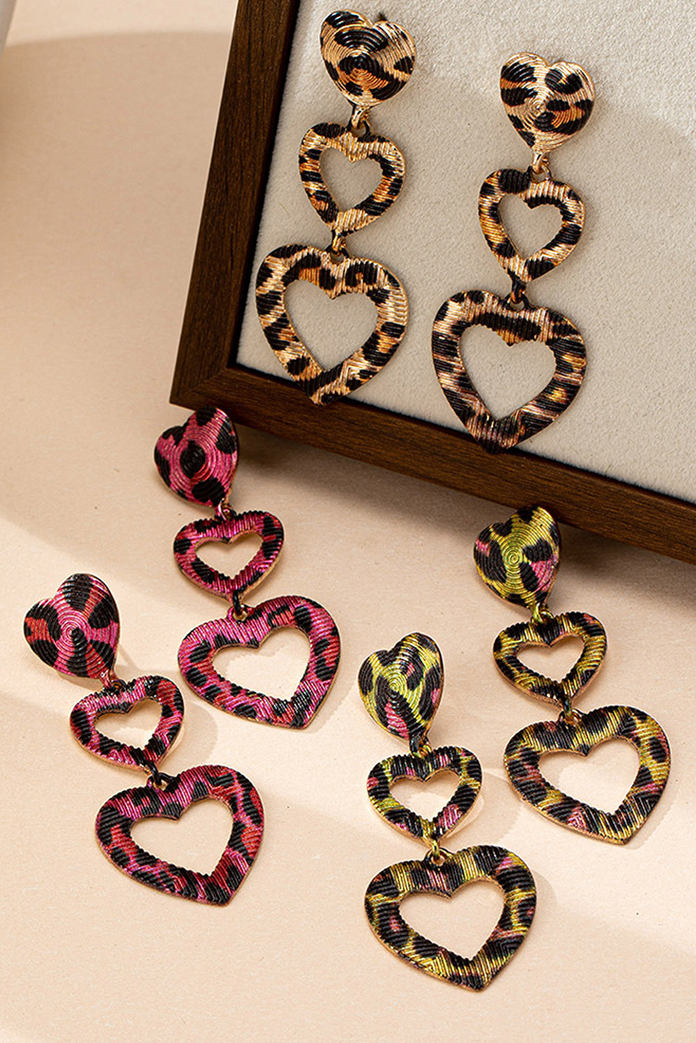 Rose Red Leopard Print Heart Shape Alloy Dangle Earrings