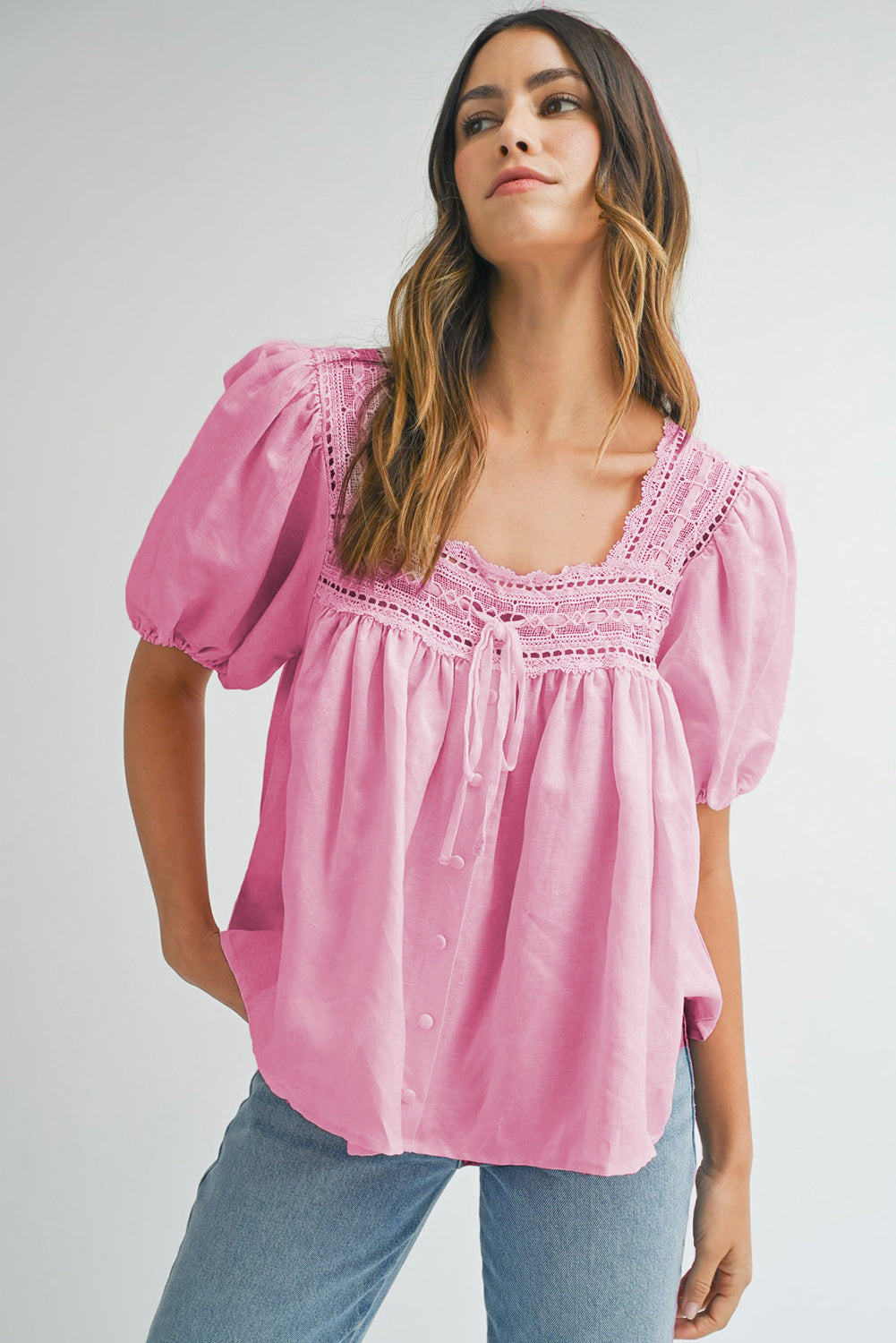 Blush Pink Lace Patchwork Puff Sleeve Square Neck Blouse