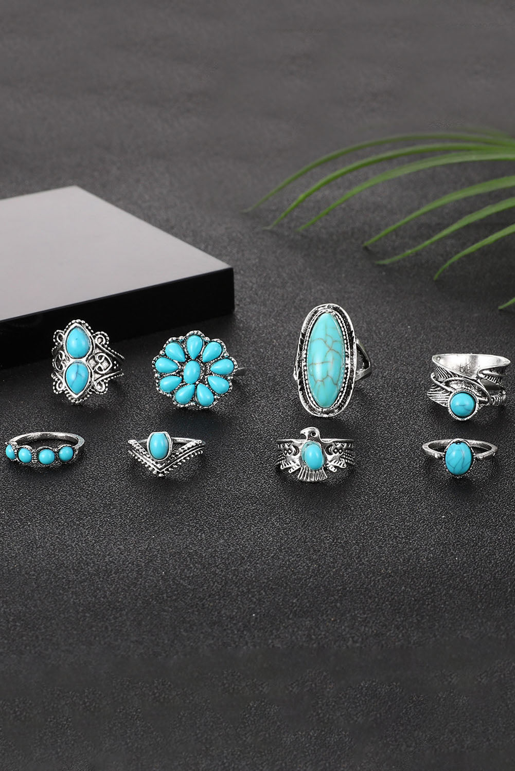 Green 8Pcs Vintage Turquoise Ring Set for Stylish Looks