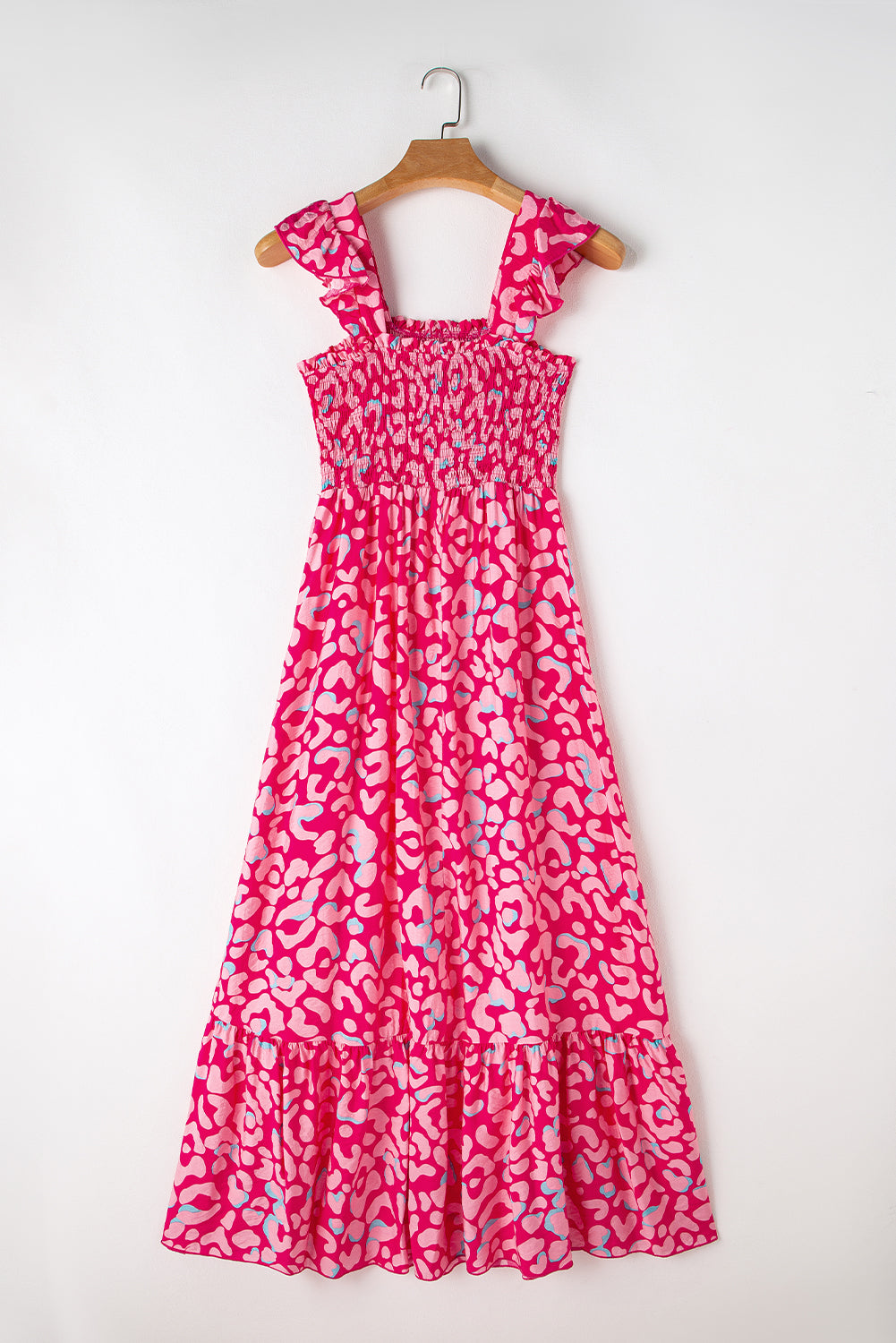 Flirty Pink Maxikleid mit Leopardenmuster, Rüschenträgern und hoher Taille