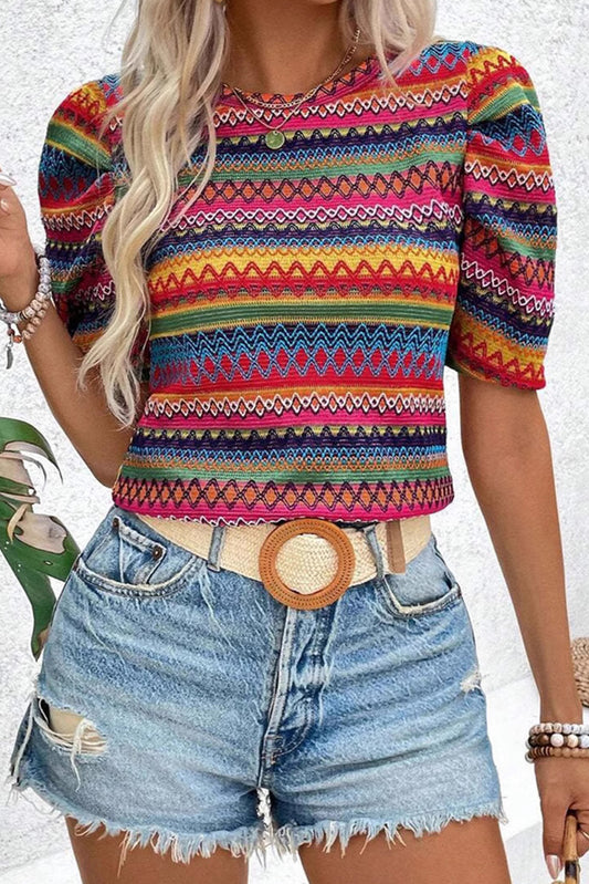 Colorful Bohemian Geometric Print Puff Sleeve Knit Top