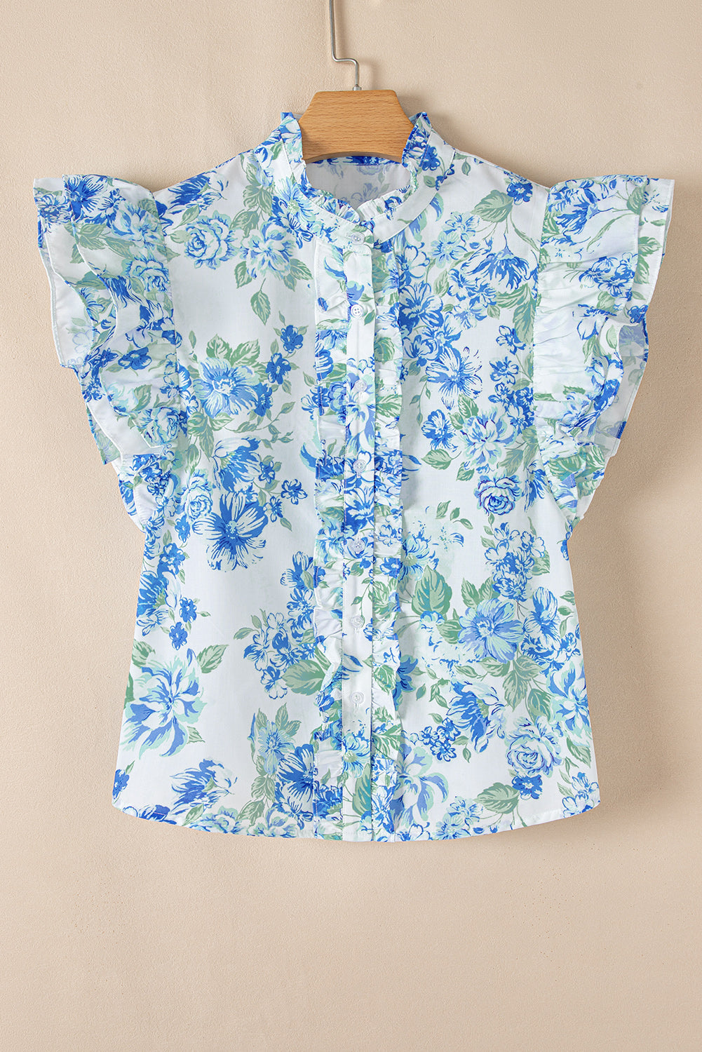 Sky Blue Floral Print Ruffle Sleeve Frill Shirt