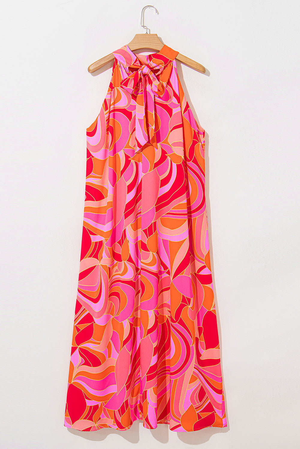 Floral High Neck Sleeveless Maxi Dress with Knotted Detail