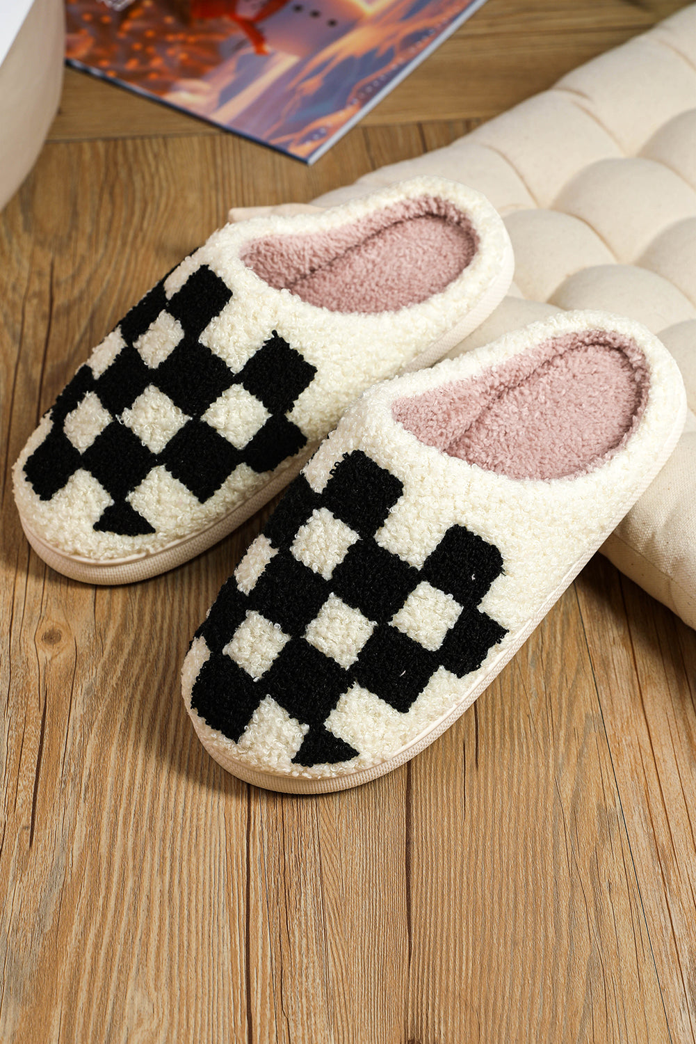 Fiery Red Checkered Print Fuzzy Slip On Winter Slippers