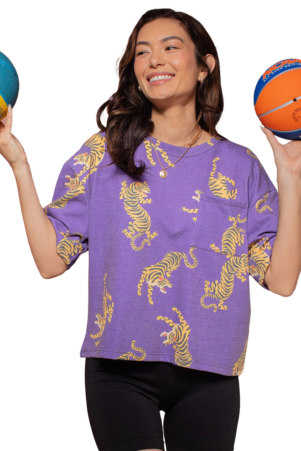 Purple Allover Tiger Print Patch Pocket Loose T Shirt