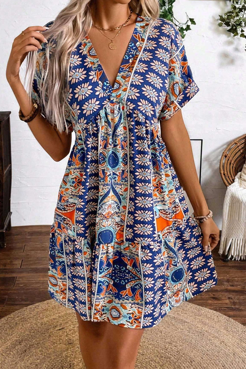 Azure Floral V-Neck High-Waisted Dress