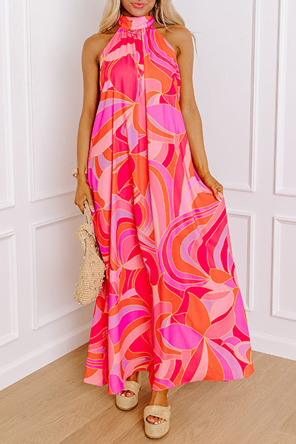 Floral High Neck Sleeveless Maxi Dress with Knotted Detail