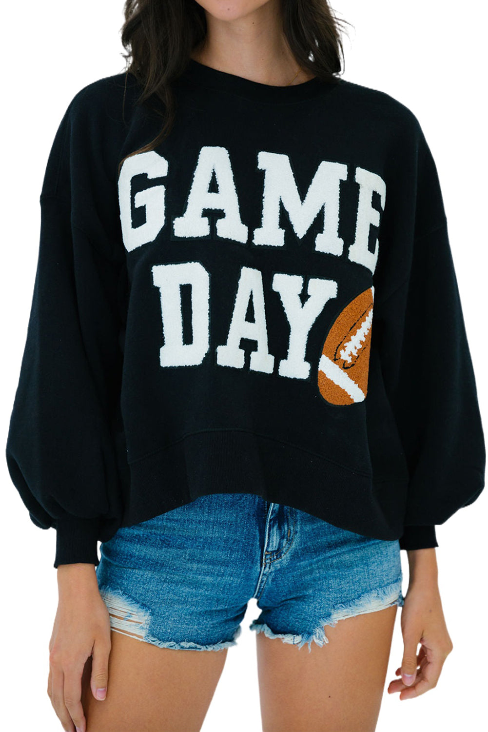 Schwarzes College-Sweatshirt mit GAME DAY-Grafik