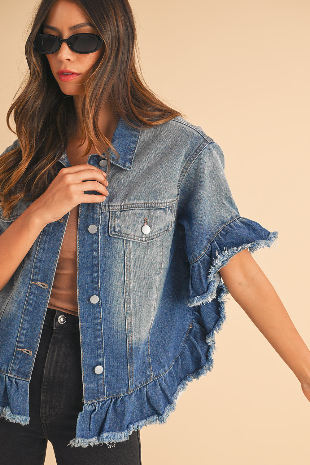 Peacock Blue Ruffled Denim Jacket with Raw Hem and Short Sleeves