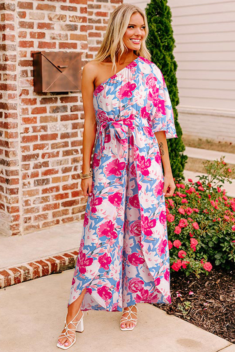 Pink Asymmetrical Floral Print Jumpsuit with Half Sleeve and Belted Waist