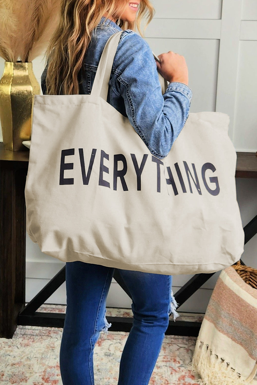 EVERYTHING Letter Print Large Canvas Tote Bag